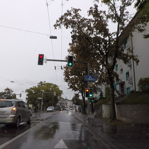 Input: a wet street at a traffic light in rain.